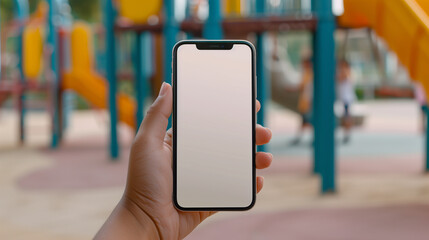 One hand casually holding an iPhone mockup with a white screen, with the background of a colorful playground with children playing and bright equipment

