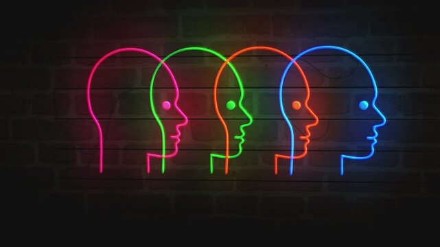 Artificial intelligence head neon symbol on brick wall. AI cyber face light color bulbs abstract concept.