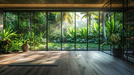 Fototapeta premium tranquil yoga studio with wall-to-wall energy-efficient windows offering views of a lush garden, enhancing the peaceful atmosphere with natural light while maintaining indoor temperature