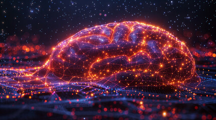 Conceptual Image of a Human Brain Represented as a Glowing Neural Network with Stars in the Background, Symbolizing Intelligence and Connectivity