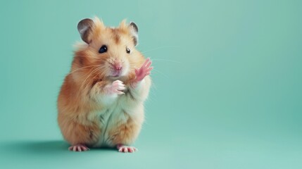 A Sweet Golden Hamster, Standing on Its Hind Legs and Gently Waving with One Paw Against a Soft Green Background