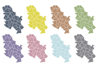 Fototapeta premium Mapa de Serbia de color azul, gris, amarillo, naranja, verde, rosa y morado