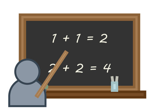 Pizarra con cuentas matem&aacute;ticas y profesor ense&ntilde;ando