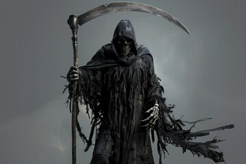 A grim reaper with a scythe and tattered black cloak