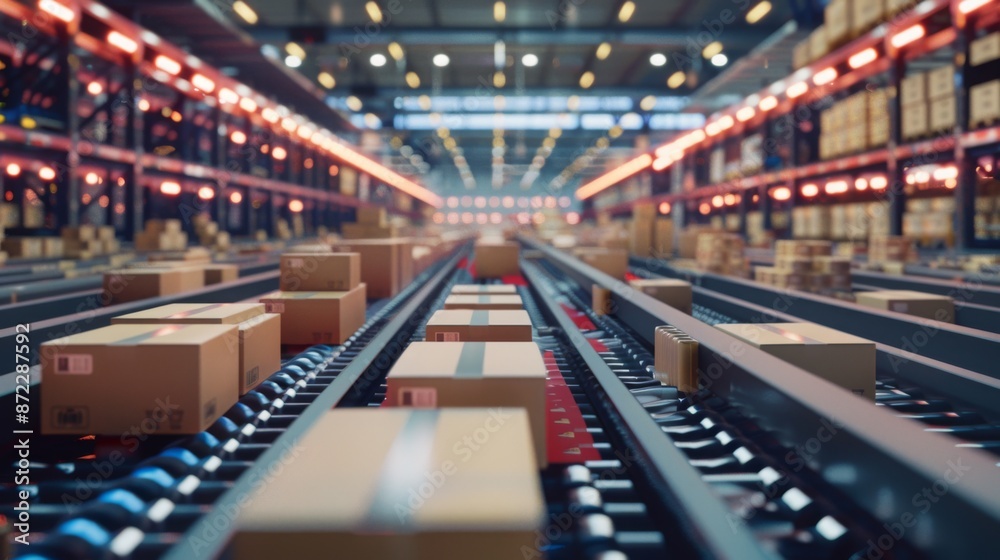 Aufkleber this photo shows a close-up of a conveyor belt system in a warehouse, with many cardboard boxes movi