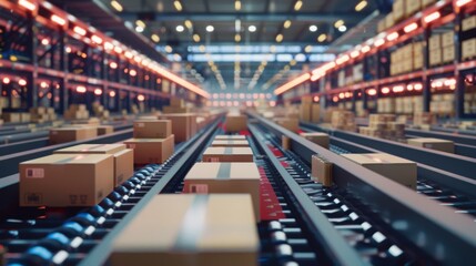 Fototapeta premium This photo shows a close-up of a conveyor belt system in a warehouse, with many cardboard boxes moving along the belts. The boxes are being transported to their next destination in the warehouse.