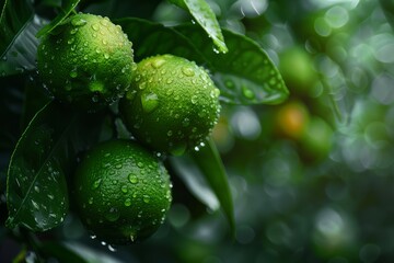 Limes on tree, droplets, fujifilm, fujicolor c200, depth of field