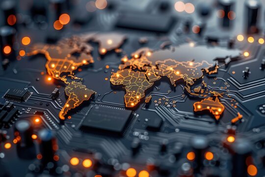 Global Connectivity: A World Map Crafted from Microchips - Showcasing the Intersection of Technology and International Digital Networks.