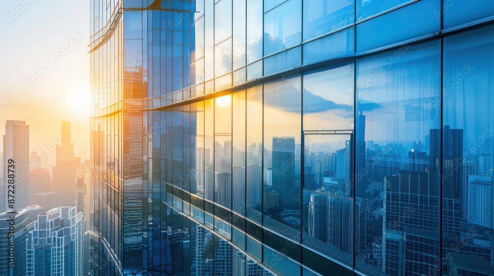 Wall mural high-rise office building with smart energy-efficient windows that tint based on the angle of the su