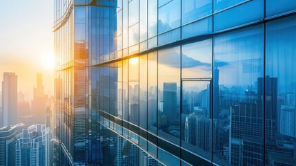 high-rise office building with smart energy-efficient windows that tint based on the angle of the sun, reducing glare and heat build-up without obstructing the urban skyline views