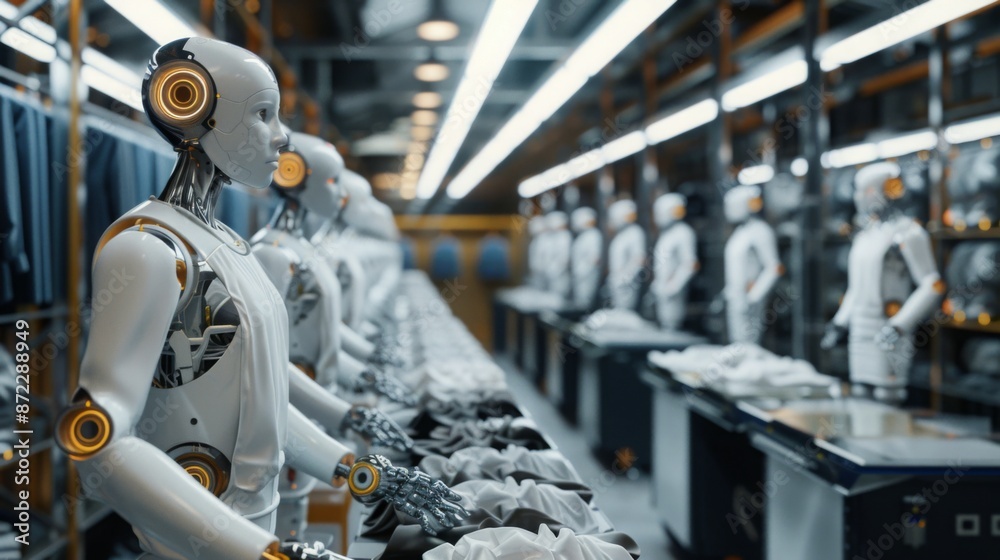 Poster A line of humanoid robots work in a factory, folding clothes and preparing them for distribution.
