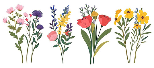 Obraz premium Colorful flower bouquet illustration set isolated on white background