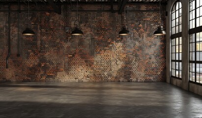 vintage industrial background with brick wall and hanging lights