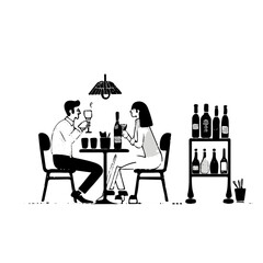 Couple Dining and Wine Tasting - Black and White Illustration