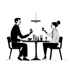 Couple Dining and Wine Tasting - Black and White Illustration