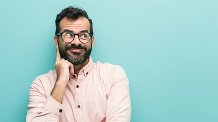 Fototapeta premium Hispanic man with beard standing over isolated background. Smiling with thoughtful face. doubt concept