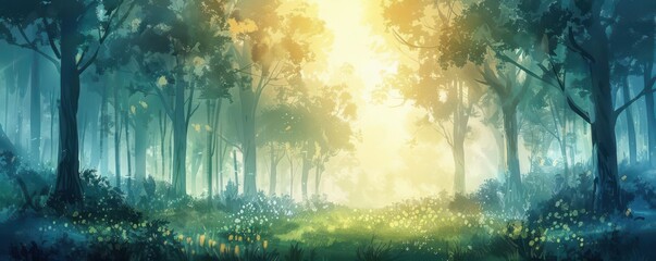 Obraz premium A peaceful forest glade at dawn, with soft sunlight filtering through the mist evoking feelings of calmness