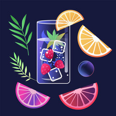 Refreshing drink with ice cubes strawberries citrus slices and green leaves on dark background