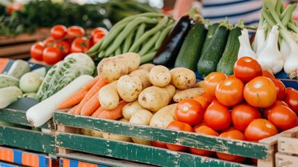 A colorful farmer's market stand overflowing with fresh organic produce, highlighting the bounty of local cultivation and wellness