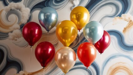 Vibrant helium-filled balloons suspended in mid-air, photographed against a mesmerizing abstract wallpaper, medium: high-resolution digital capture. The intricate, swirling patterns on the wallpaper