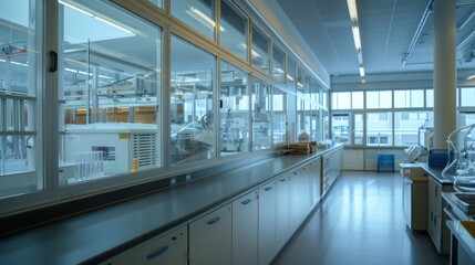 high-tech laboratory with specialized energy-efficient windows that prevent heat loss while maintaining precise environmental conditions for sensitive experiments