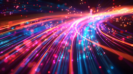 Obraz premium Abstract depiction of glowing fiber optic cables. Digital image of glowing neon vibrant color light path with dark background. Technology and communication concept for design and wallpaper.