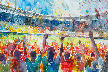 Fototapeta premium A painting of a stadium full of people cheering with their hands raised