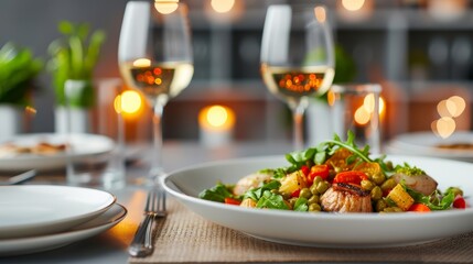 A high-end dining experience featuring an elegant table setting with gourmet dishes, wine glasses, and ambient lighting in a sophisticated restaurant setting