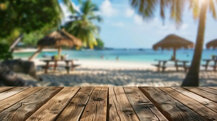 Fototapeta premium Wooden table and blur beach cafes background. Generative AI