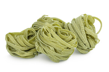Raw tagliatelle green pasta with spinach isolated on white background