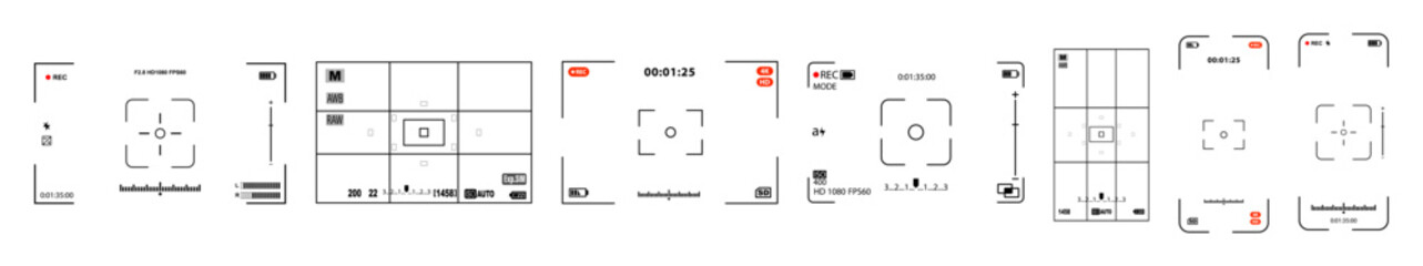 Camera viewfinder. Camera display. Recording view frame, cinema and phone rec viewing screen