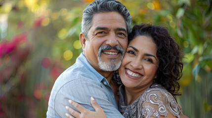 Obraz premium Middle age hispanic couple smiling confident hugging each other