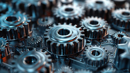 A background of gray metal gears and cogs in an industrial setting, representing machinery or technical engineering concepts. The gears could be arranged to symbolize the intricacy of mechanical syste