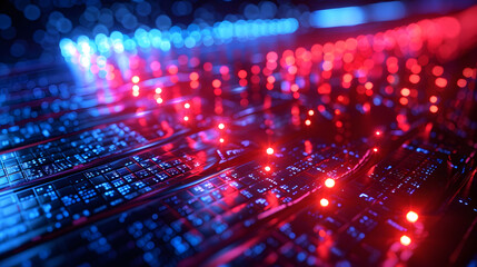 Glowing red and blue pixelated binary code encryption in digital data stream. Concept Digital Data Encryption, Red 