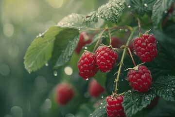 Raspberries on bush, droplets, fujifilm, fujicolor c200, depth of field