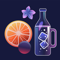 Orange slice bottle with ice cubes purple flower dark background