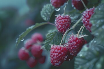 Raspberries on bush, droplets, fujifilm, fujicolor c200, depth of field