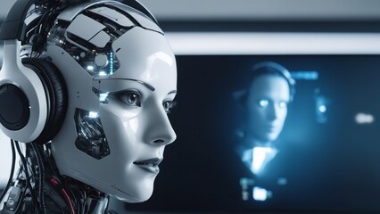 A robot with headphones looks at its reflection in a mirror