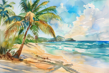 Obraz premium A painting of a beach with a palm tree in the foreground