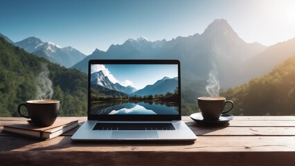 A cup of coffee and a laptop are on the table, against the background of mountains