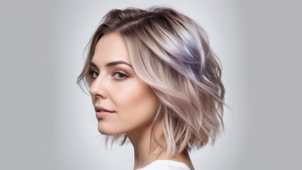 Fototapeta premium A woman with short blonde hair is wearing a white shirt and smiling