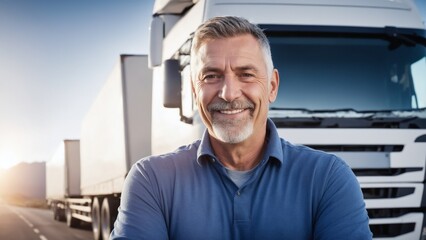 A man with a beard is standing in front of a truck and smiling