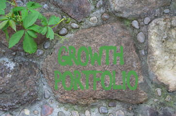 Growth Portfolio symbol. Stone wall with words Growth Portfolio. Beautiful stone background. Business and Growth Portfolio concept. Copy space.