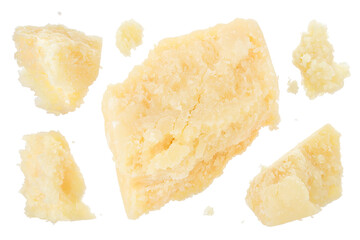 Pieces of parmesan cheese isolated on white background. Top view. Flat lay