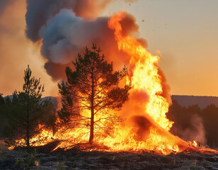 Forest Fire Raging Through Trees at Sunset