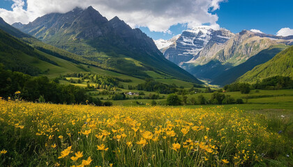 Fototapeta premium A field of yellow wildflowers blossoms in the foothills of the Pyrenees mountains, with a snow-capped peak in the distance