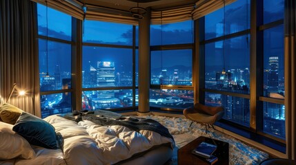 Fototapeta premium luxurious bedroom with energy-efficient bay windows that frame a stunning cityscape at night, providing both spectacular views and thermal comfort
