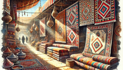 Beautiful Carpet with Pattern in Traditional Moroccan Berber Market
