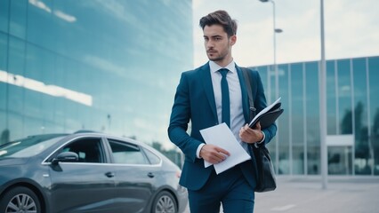 A man in a suit and tie is walking towards a car in this image