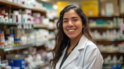 Young hispanic woman pharmacist smiling confident standing at pharmacy